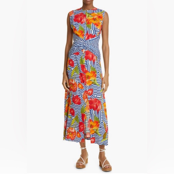 NWT $1490 Lela Rose Floral Mixed Print Ruched Waist Dress in RED MULTI size 6!